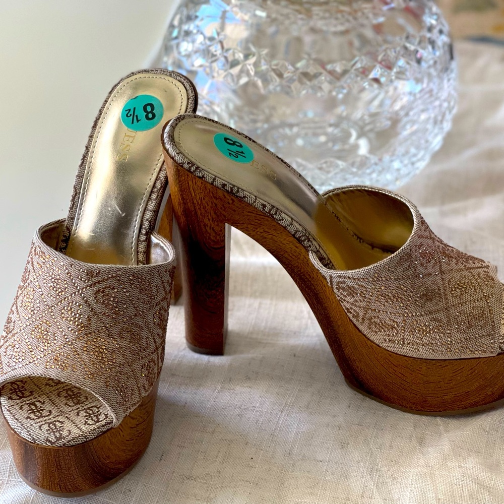 Beautiful Guess Monogram Size 8.5 Wooden Heels.  Sparkly rhinestone initials.